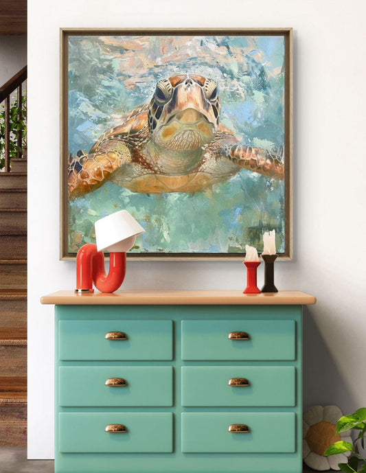 Sea Turtle Canvas Print: Coastal Ocean Animal Artwork, Beach House Marine Life Painting
