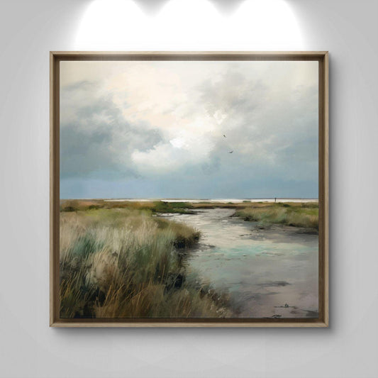 Serene Marsh Landscape Canvas Print: Coastal Nature Artwork, Minimalist Living Room Decor