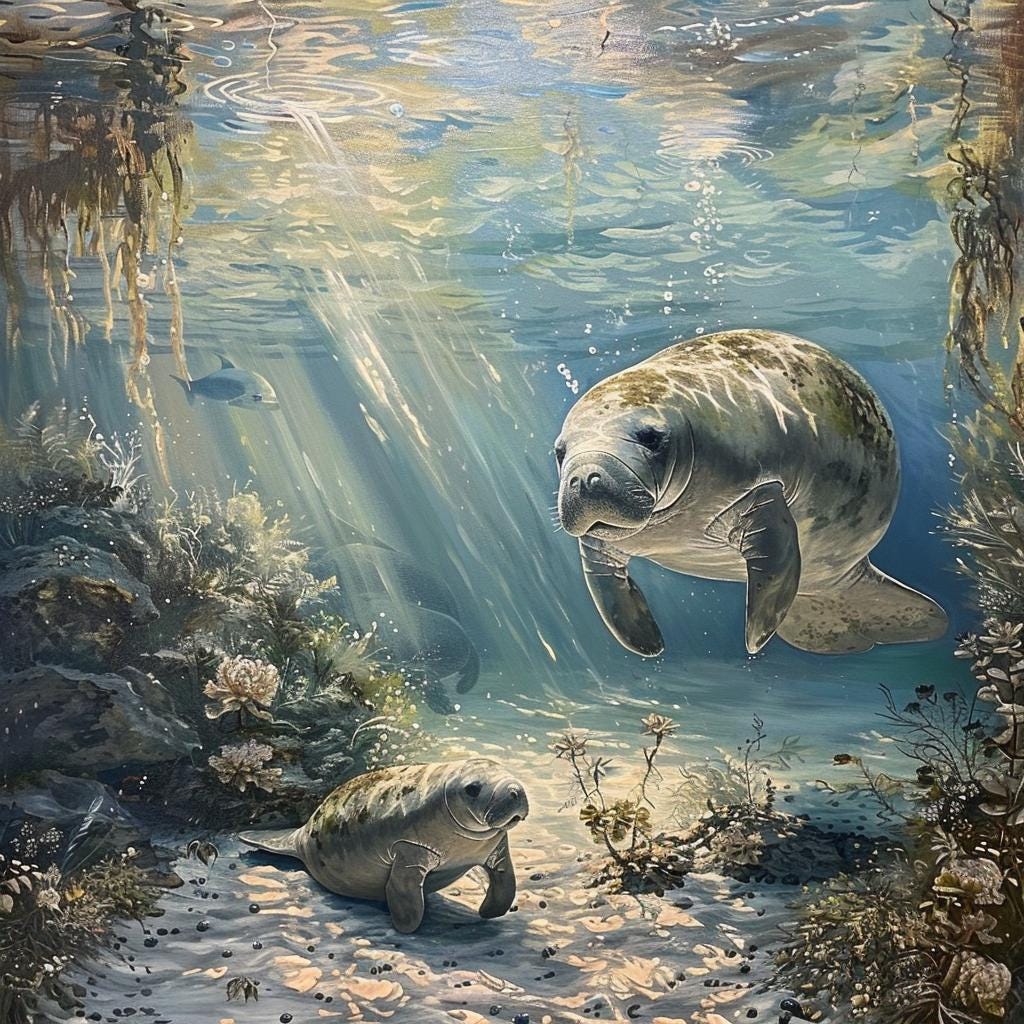Manatee Mother Calf Underwater Canvas Print: Ocean Wildlife Coral Reef Artwork