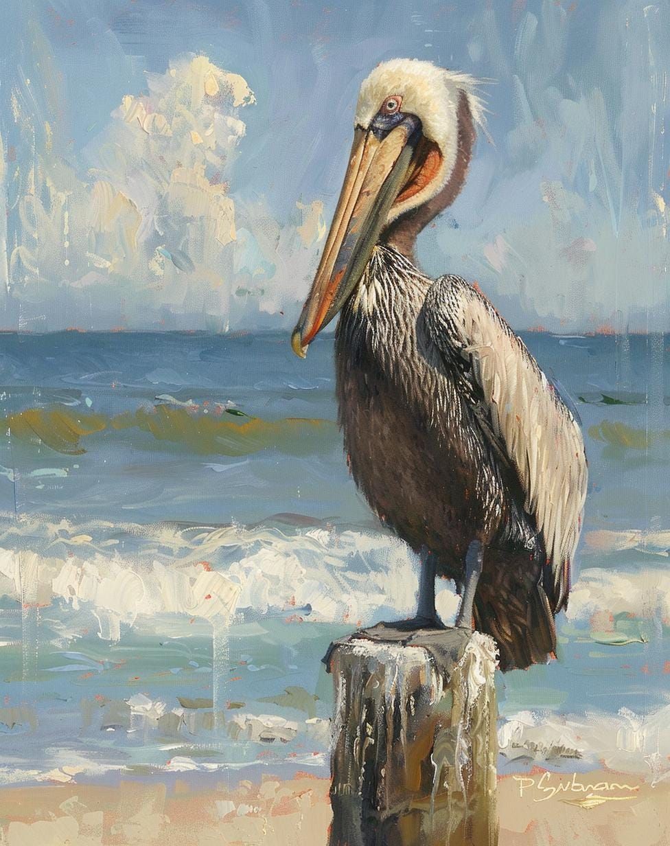 Pelican Canvas Print: Coastal Beach Bird Artwork, Ocean Seaside Painting (Framed)