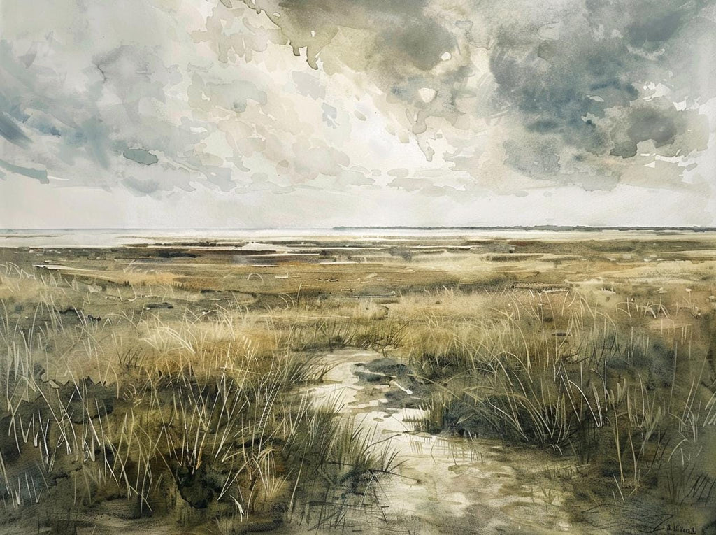 Coastal Marsh Canvas Print: Serene Seascape Landscape Painting for Beach House Decor