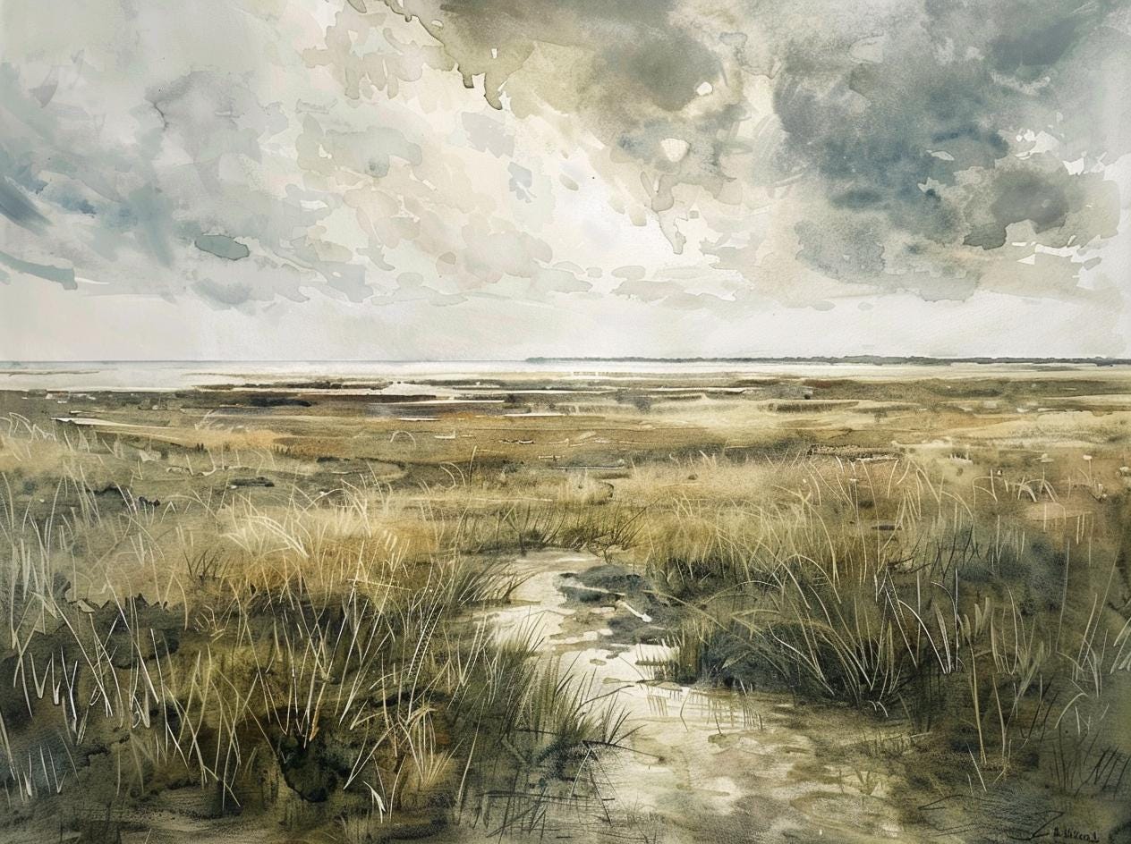 Coastal Marsh Canvas Print: Serene Seascape Landscape Painting for Beach House Decor