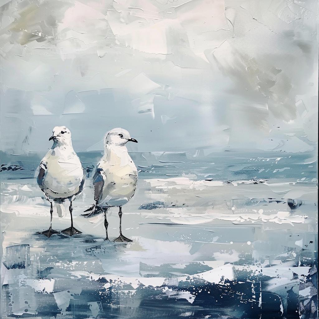 Seagull Beach Oil Painting Canvas Print: Coastal Ocean Seaside Artwork