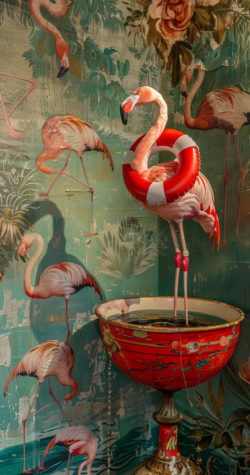 Surreal Flamingo Canvas Print: Whimsical Tropical Bird Wall Art, Maximalist Decor
