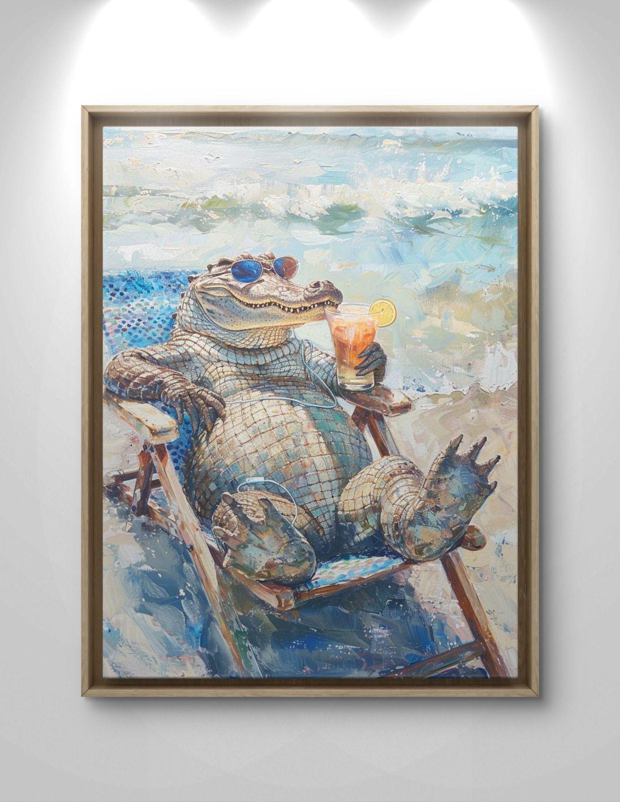 Funny Alligator Beach Canvas Print: Tropical Coastal Animal Artwork