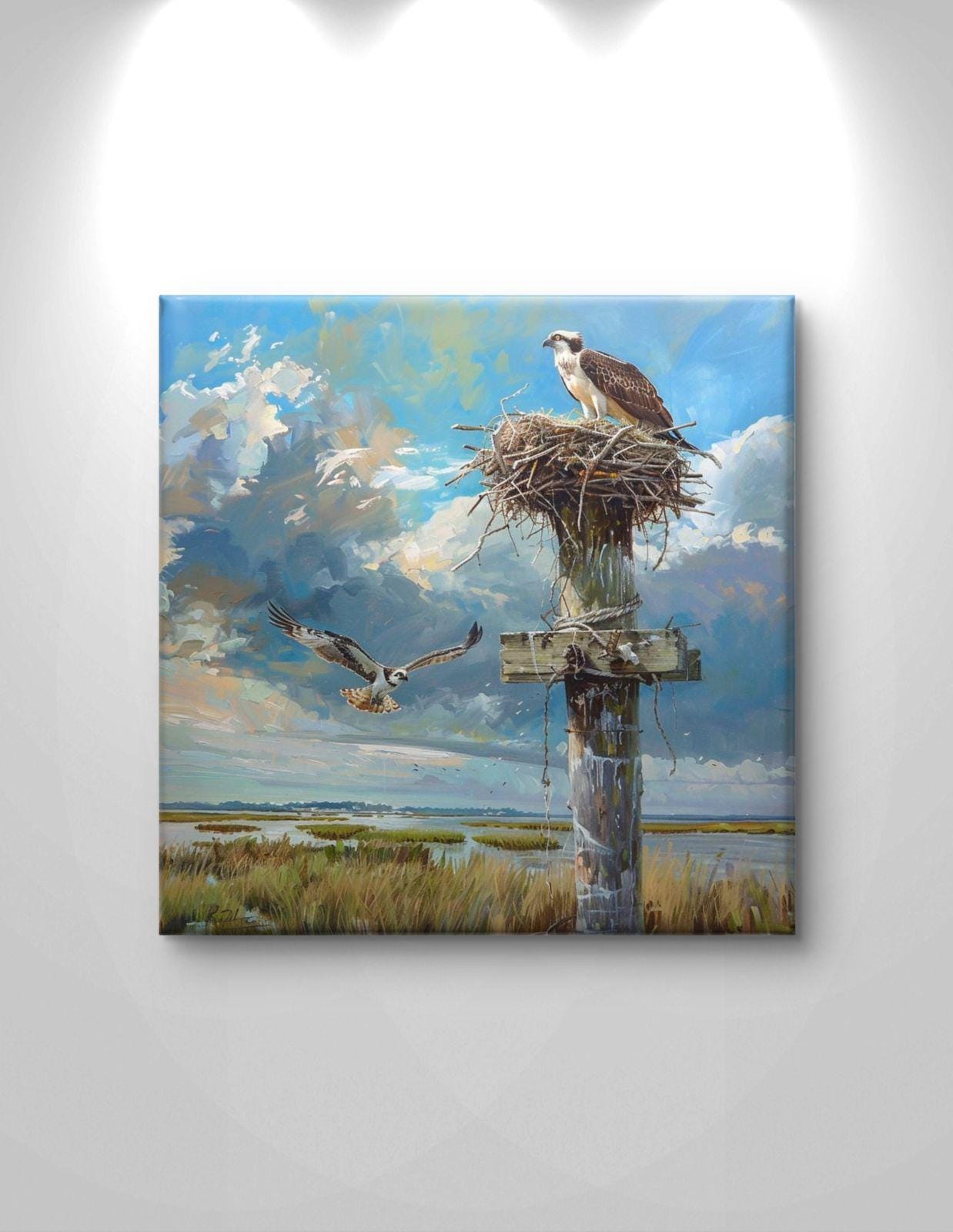 Osprey Nest Canvas Print: Coastal Wetland Wildlife Artwork, Framed Nature Statement Piece