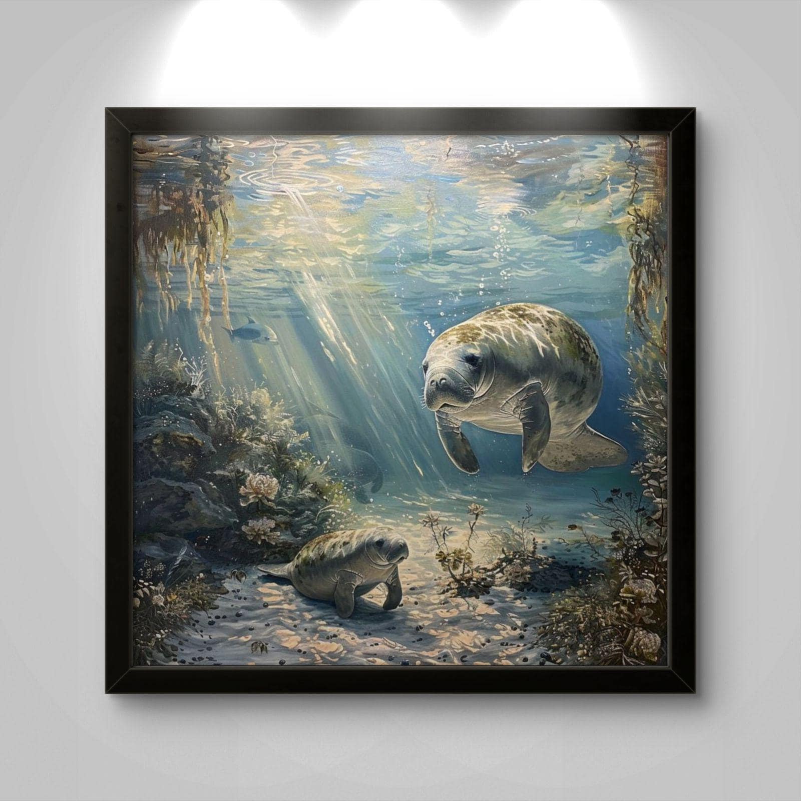 Manatee Mother Calf Underwater Canvas Print: Ocean Wildlife Coral Reef Artwork
