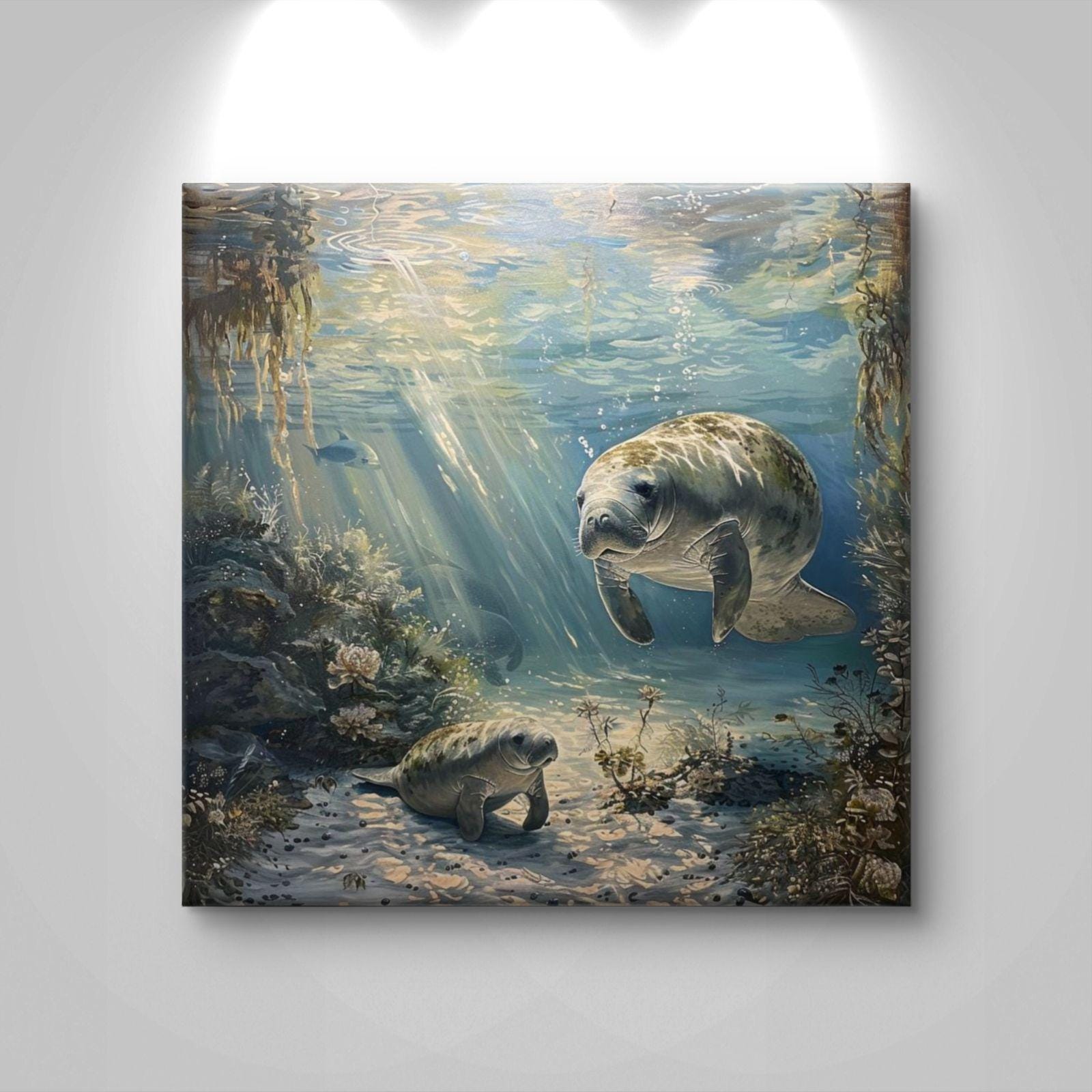 Manatee Mother Calf Underwater Canvas Print: Ocean Wildlife Coral Reef Artwork