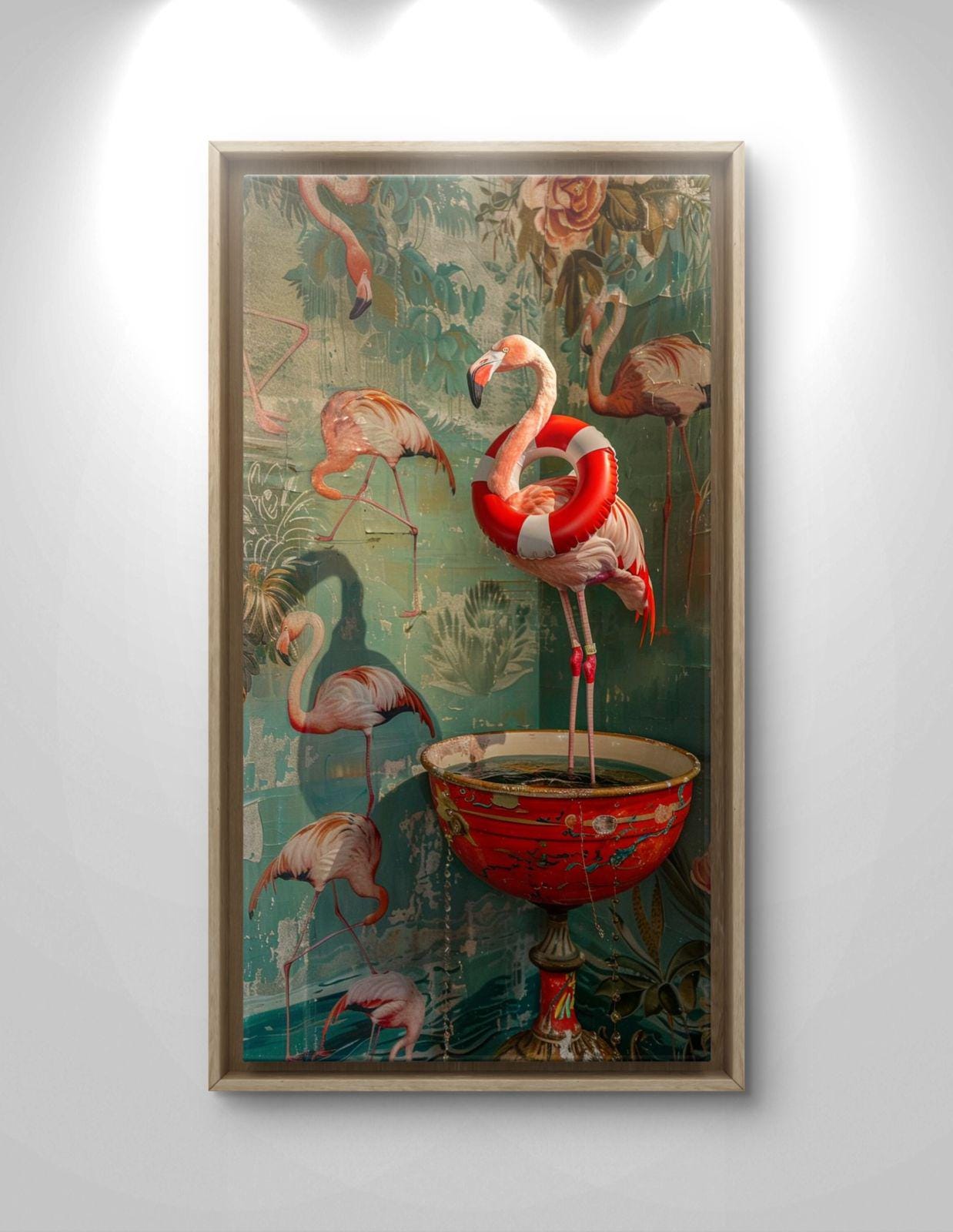 Surreal Flamingo Canvas Print: Whimsical Tropical Bird Wall Art, Maximalist Decor