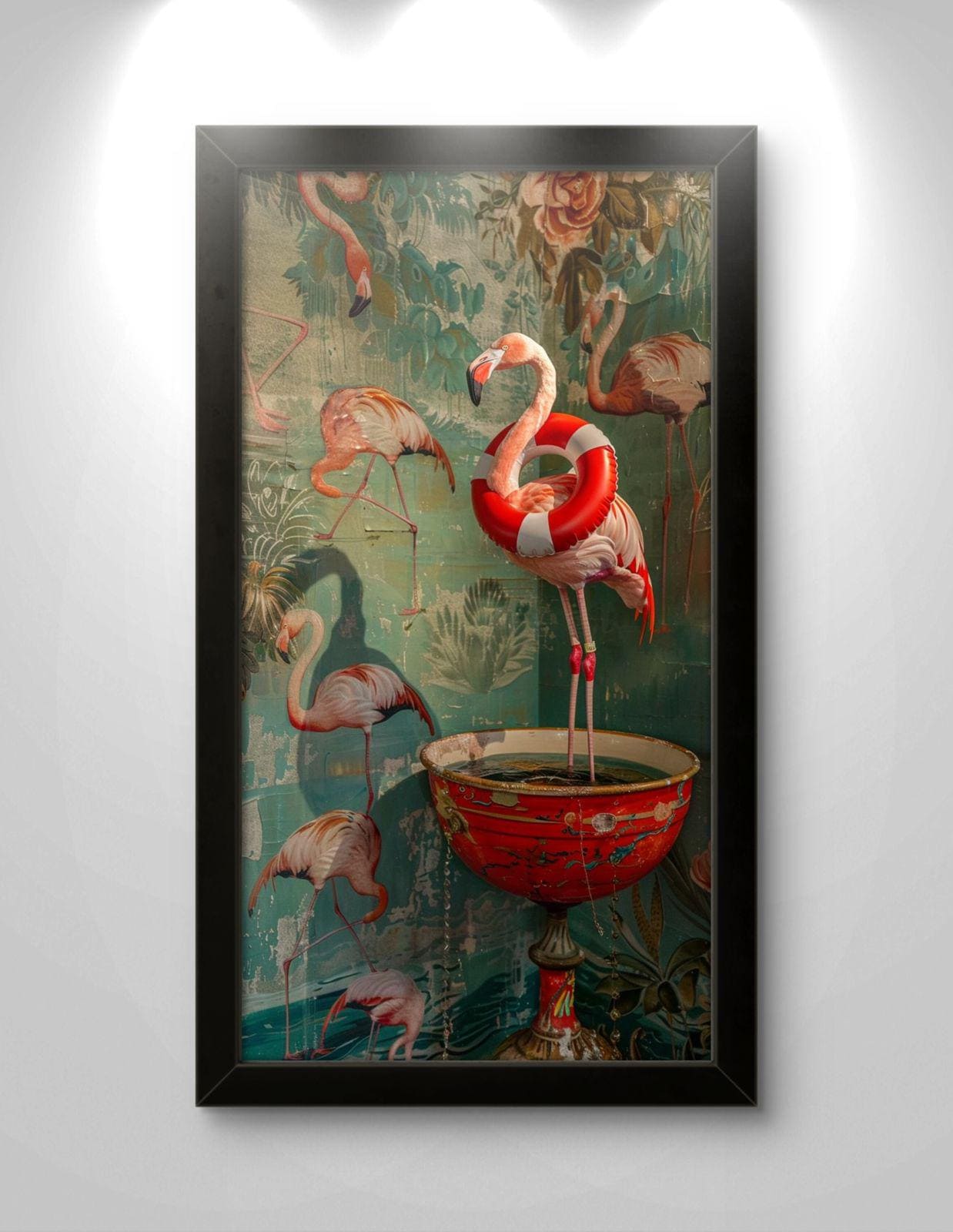 Surreal Flamingo Canvas Print: Whimsical Tropical Bird Wall Art, Maximalist Decor