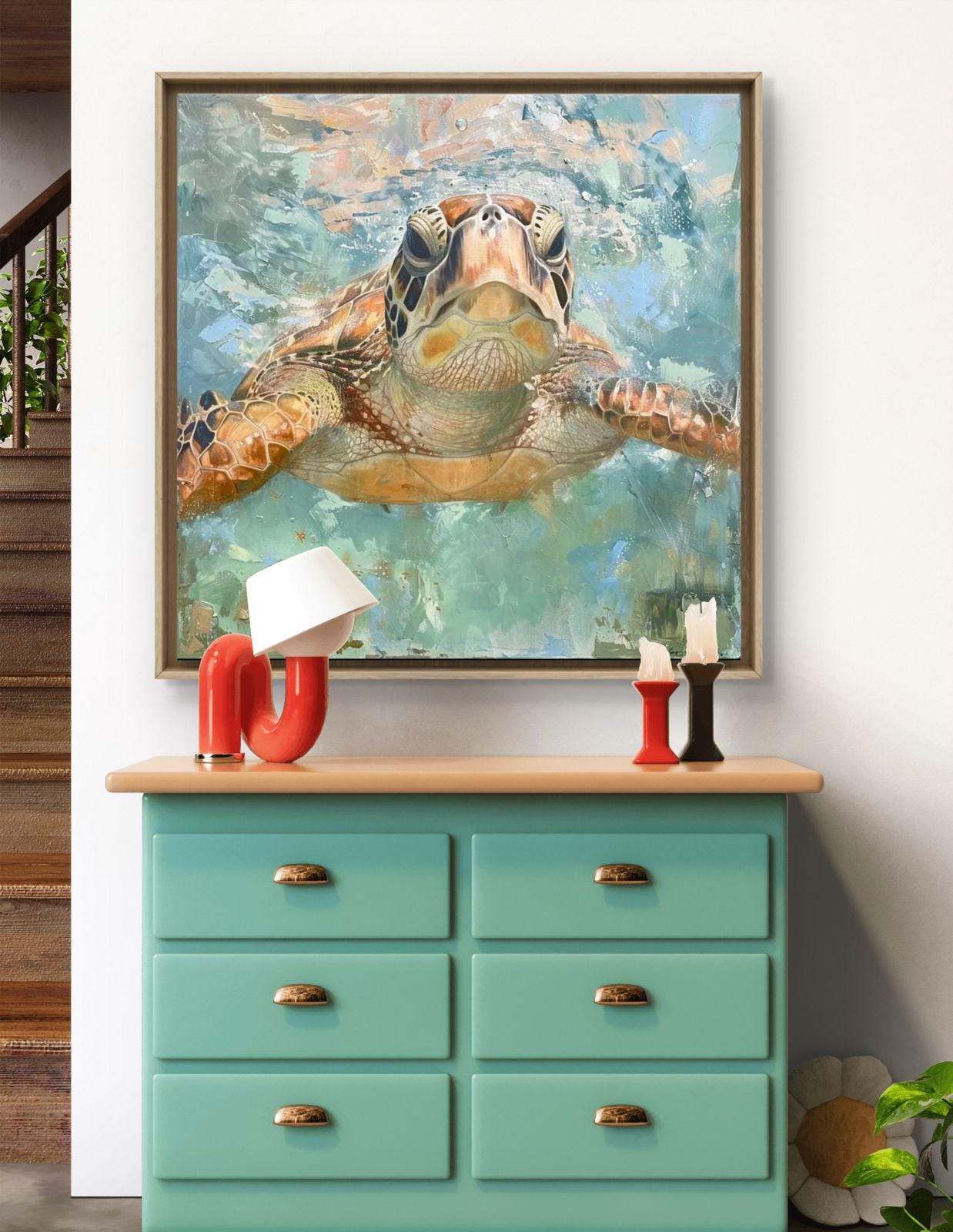 Sea Turtle Canvas Print: Coastal Ocean Animal Artwork, Beach House Marine Life Painting