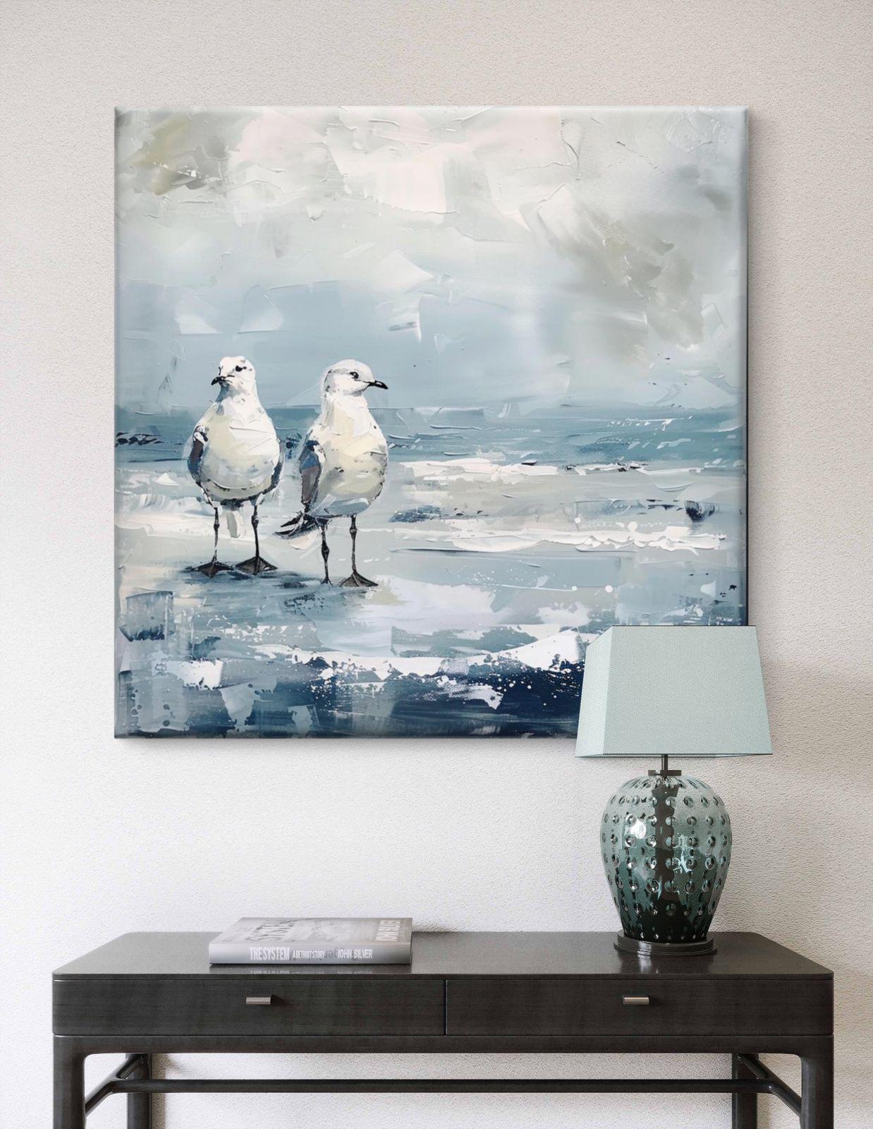 Seagull Beach Oil Painting Canvas Print: Coastal Ocean Seaside Artwork