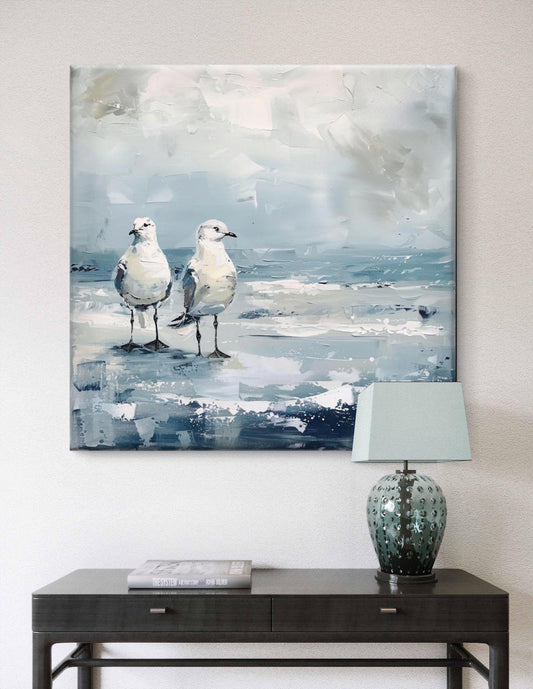Seagull Beach Oil Painting Canvas Print: Coastal Ocean Seaside Artwork