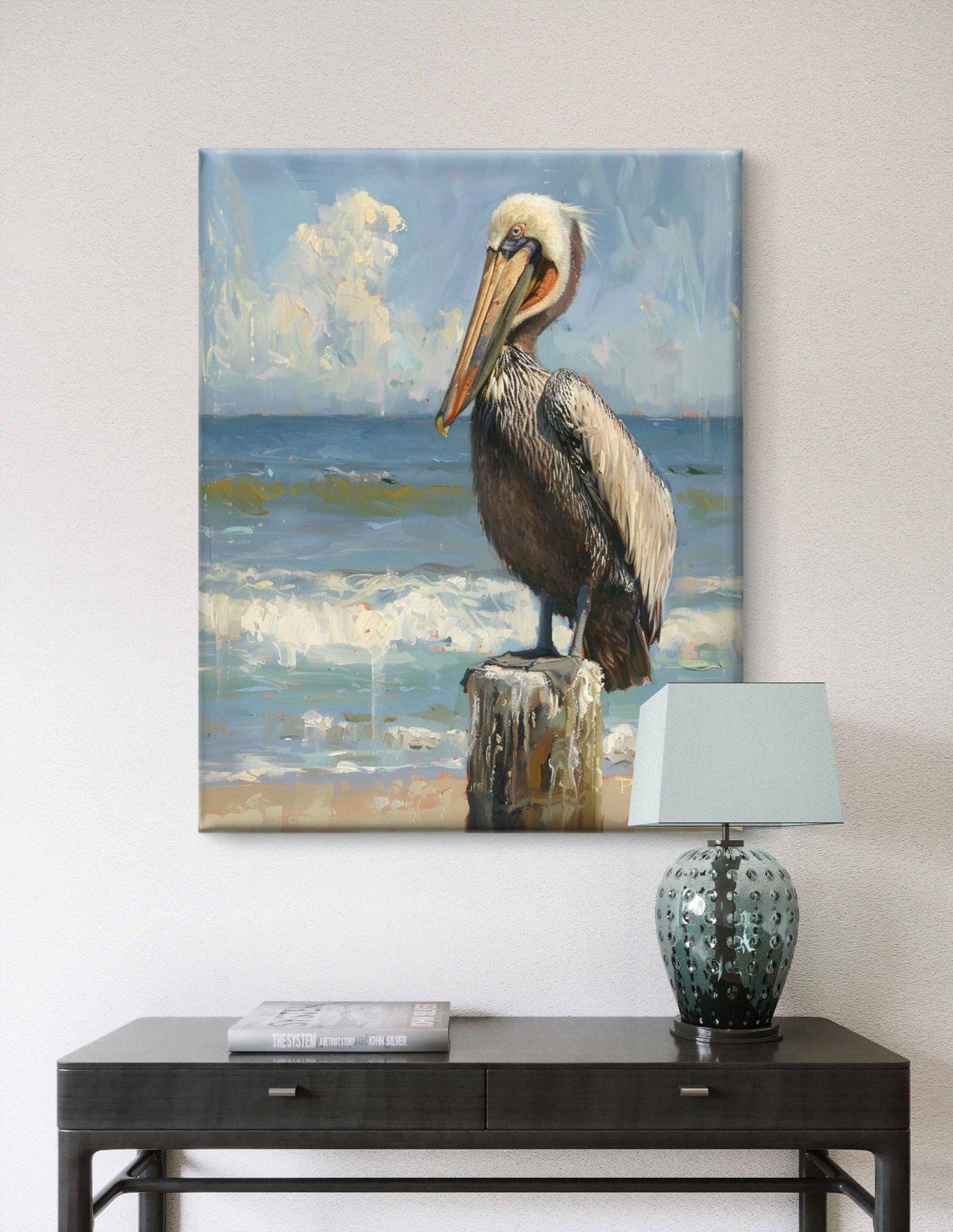Pelican Canvas Print: Coastal Beach Bird Artwork, Ocean Seaside Painting (Framed)