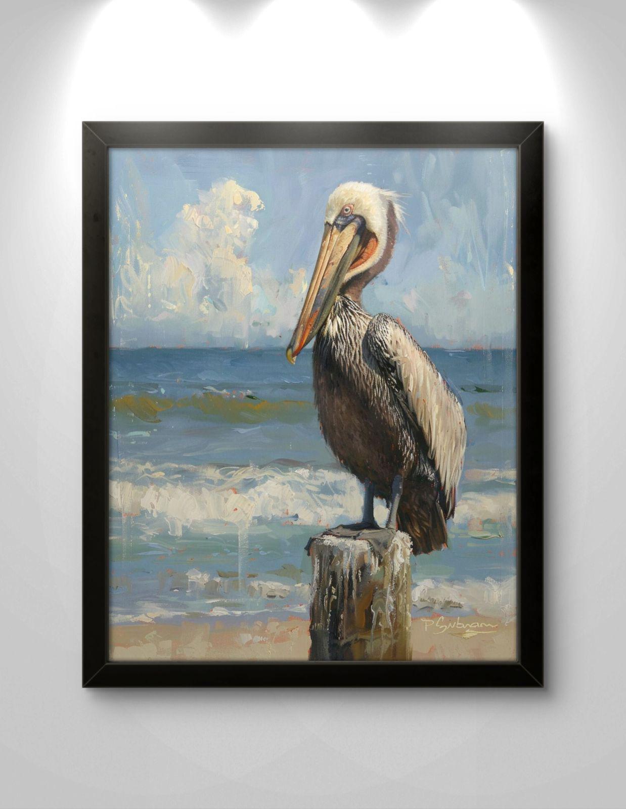 Pelican Canvas Print: Coastal Beach Bird Artwork, Ocean Seaside Painting (Framed)