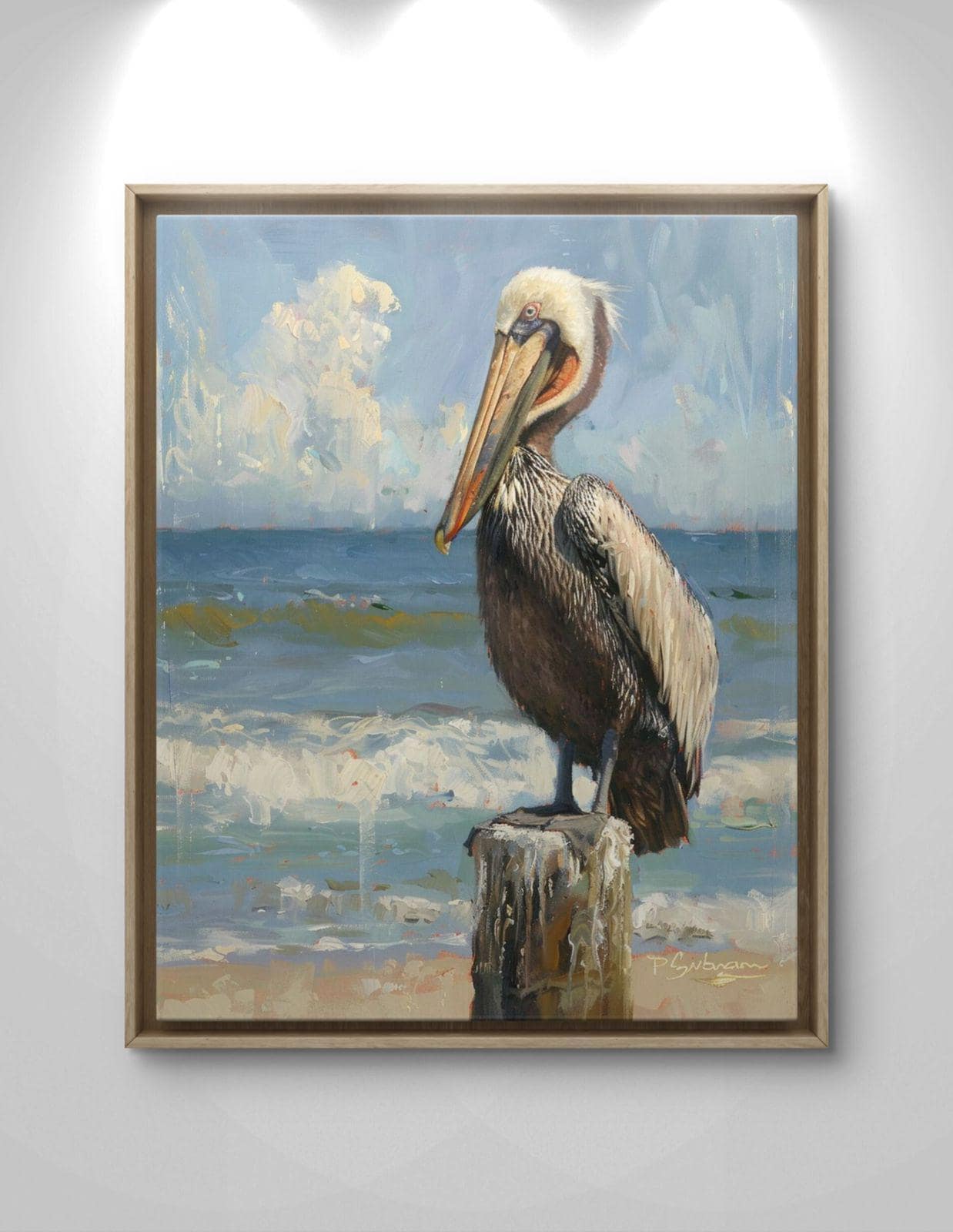 Pelican Canvas Print: Coastal Beach Bird Artwork, Ocean Seaside Painting (Framed)