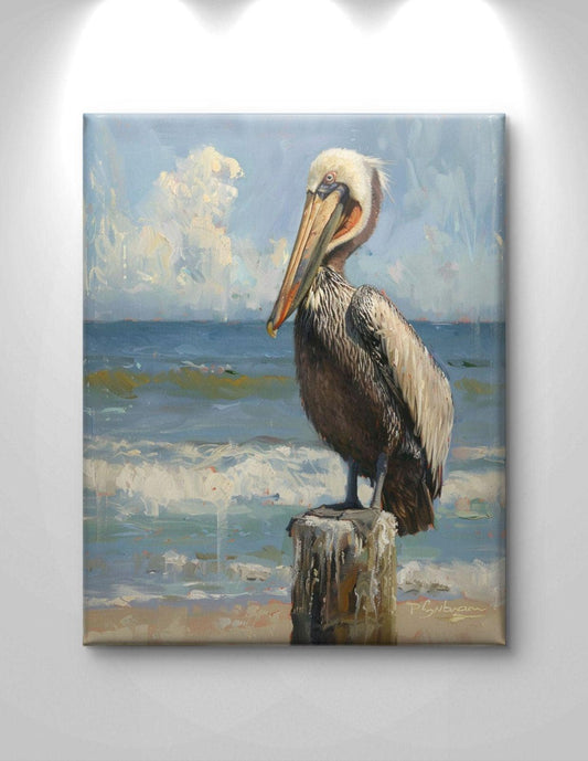 Pelican Canvas Print: Coastal Beach Bird Artwork, Ocean Seaside Painting (Framed)