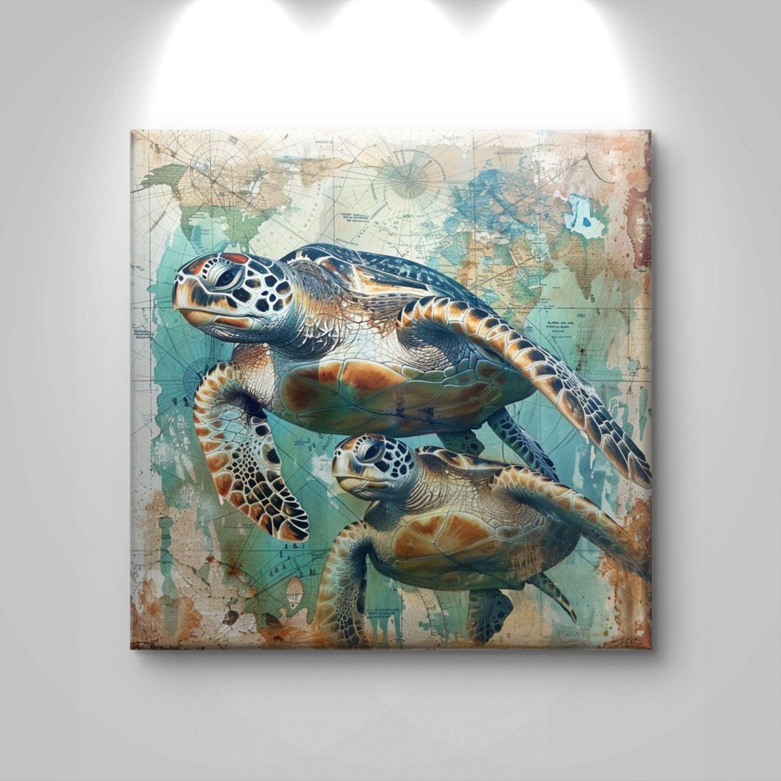 Sea Turtle Canvas Print: Coastal Ocean Wildlife Artwork, Beach House Marine Life Painting