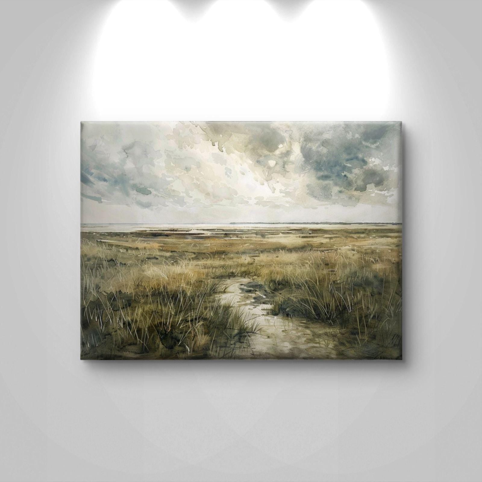 Coastal Marsh Canvas Print: Serene Seascape Landscape Painting for Beach House Decor