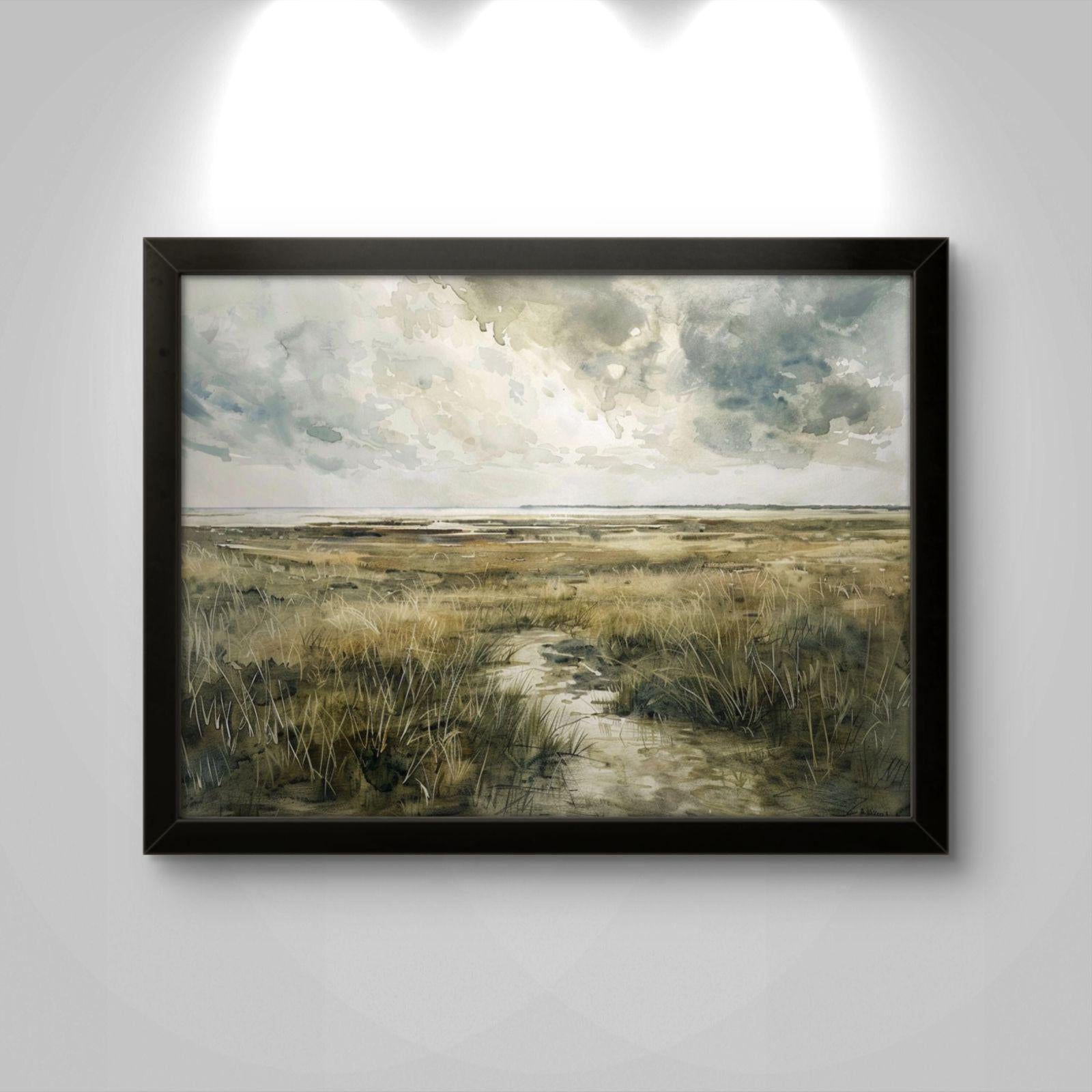 Coastal Marsh Canvas Print: Serene Seascape Landscape Painting for Beach House Decor