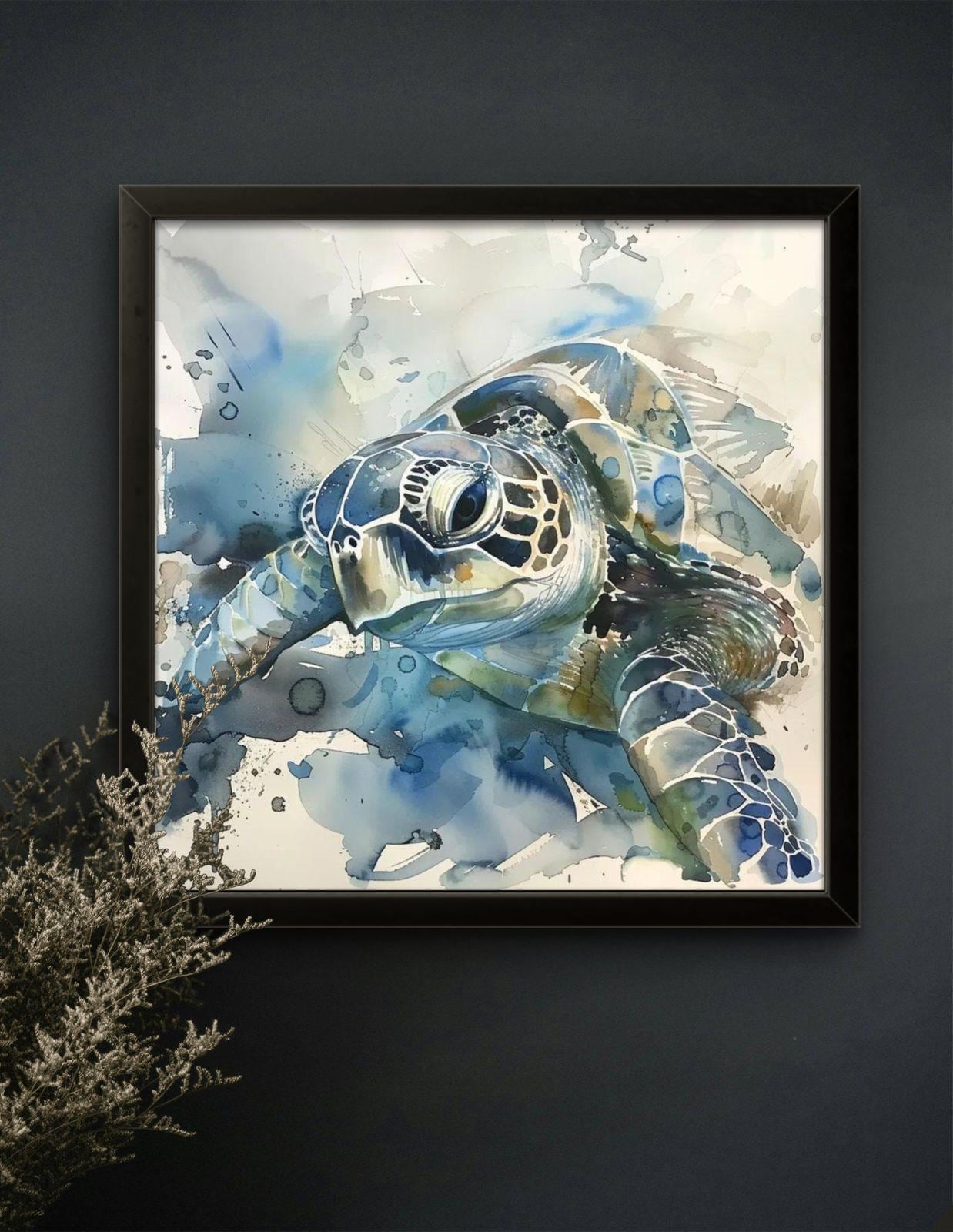 Sea Turtle Watercolor Canvas Print: Coastal Ocean Marine Life Artwork