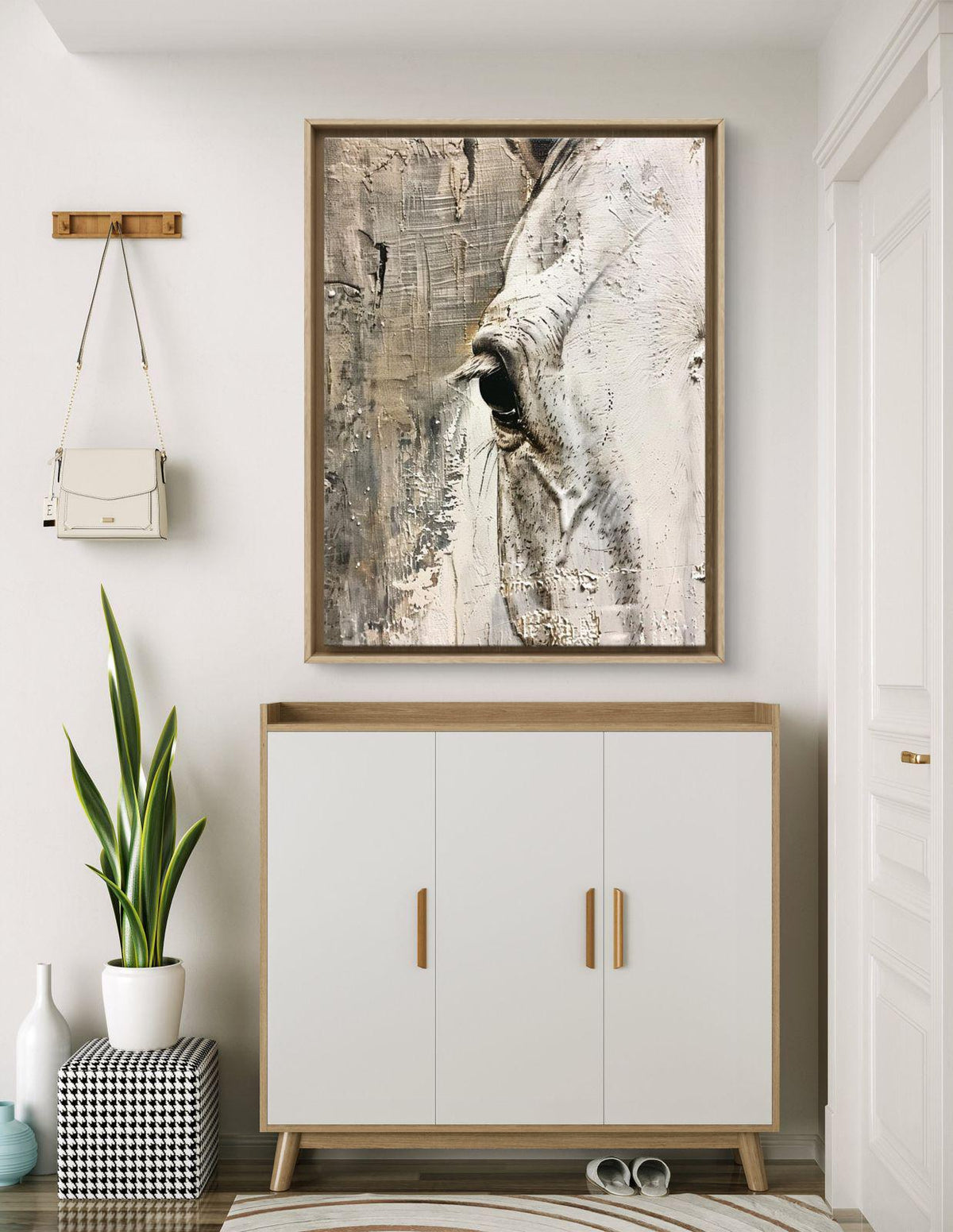 Textured White Horse Canvas Print: Abstract Animal Artwork, Neutral Minimalist Decor