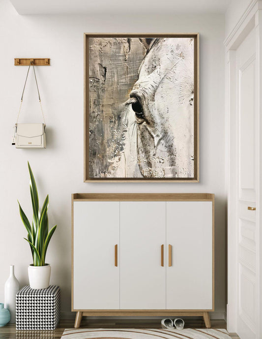 Textured White Horse Canvas Print: Abstract Animal Artwork, Neutral Minimalist Decor