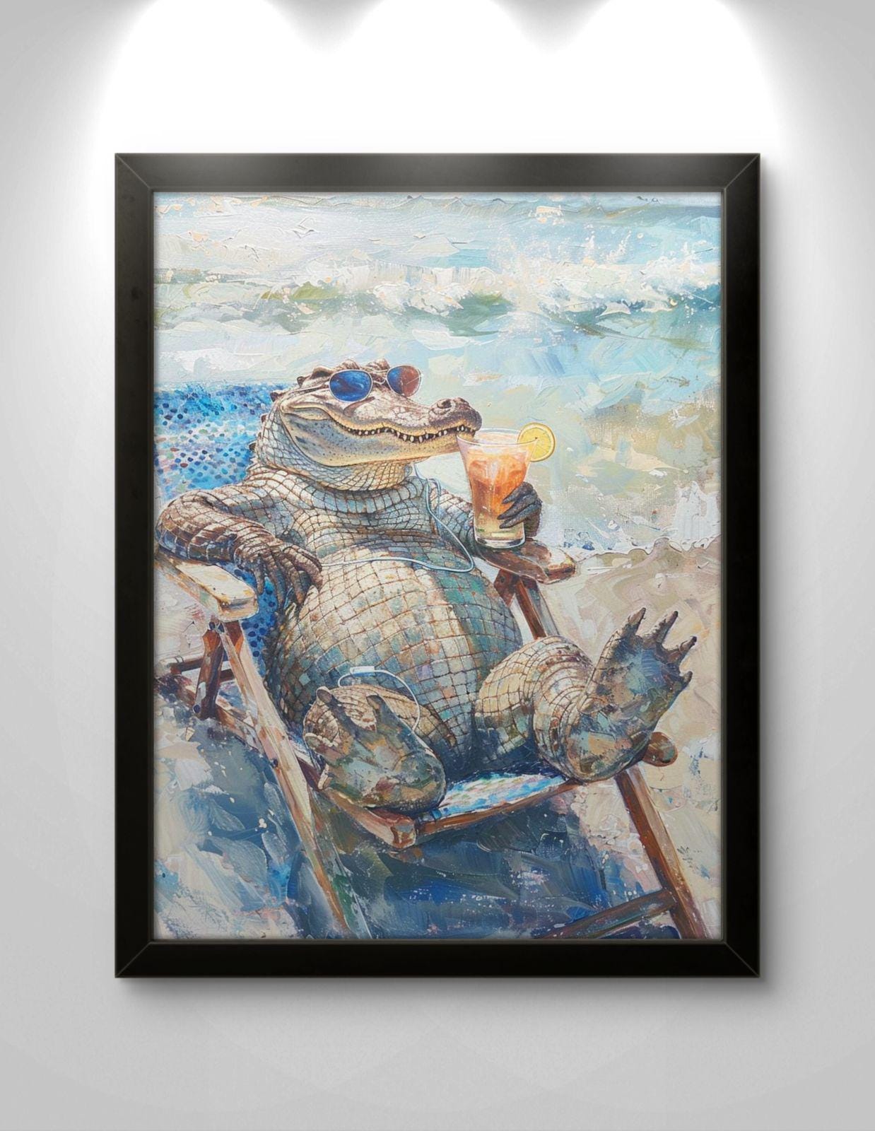 Funny Alligator Beach Canvas Print: Tropical Coastal Animal Artwork