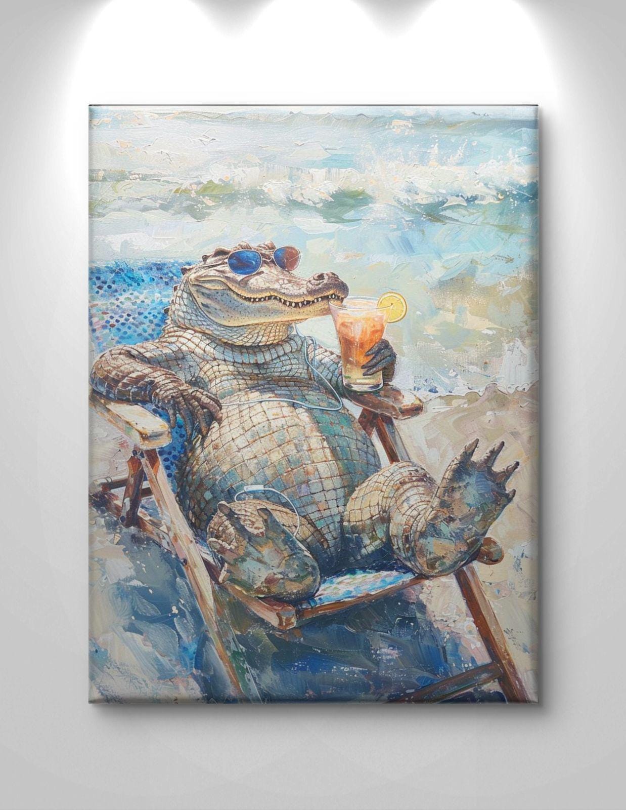 Funny Alligator Beach Canvas Print: Tropical Coastal Animal Artwork