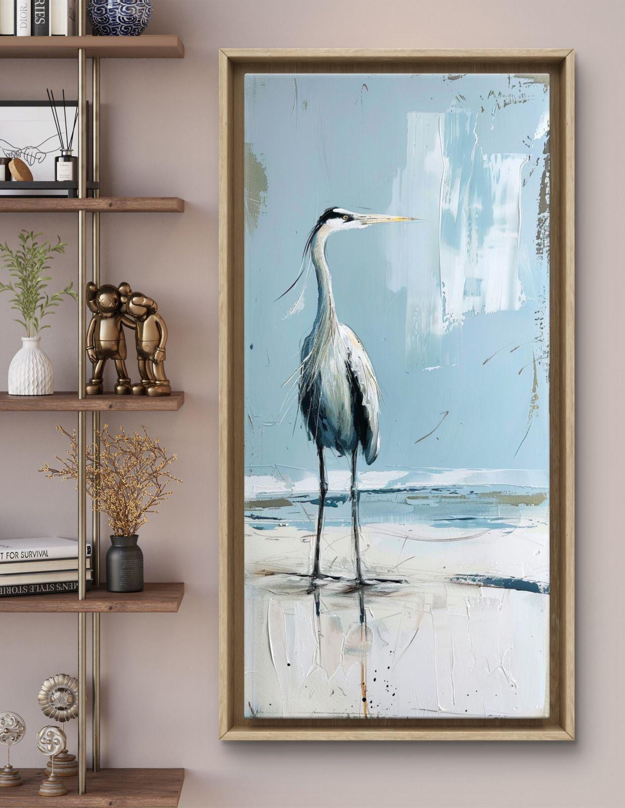 Blue Heron Coastal Canvas Print: Beach House Ocean Bird Artwork, Bird Art, Wall Decor.