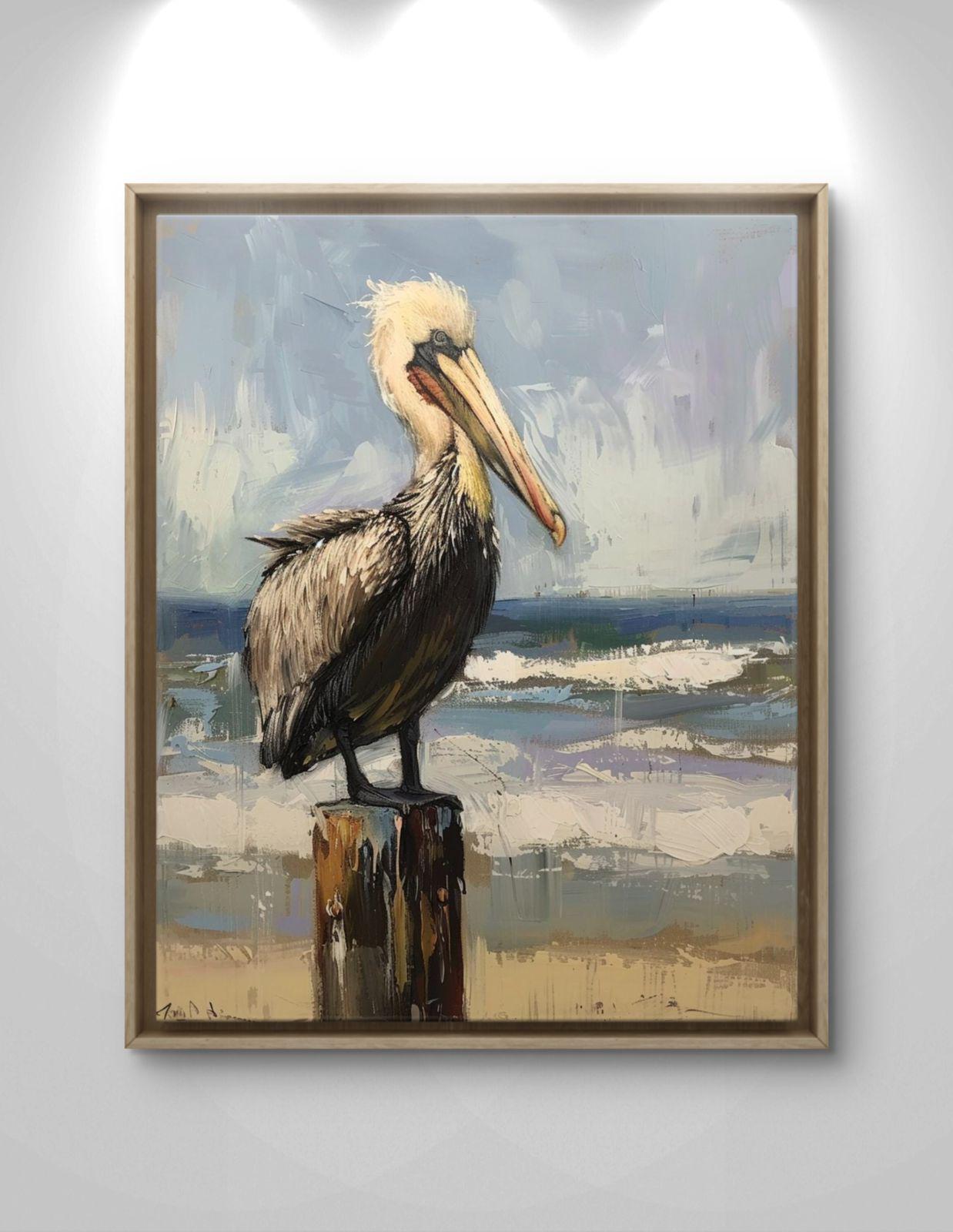 Pelican Coastal Canvas Print: Ocean Bird Artwork, Beach House Decor, Framed Statement Piece