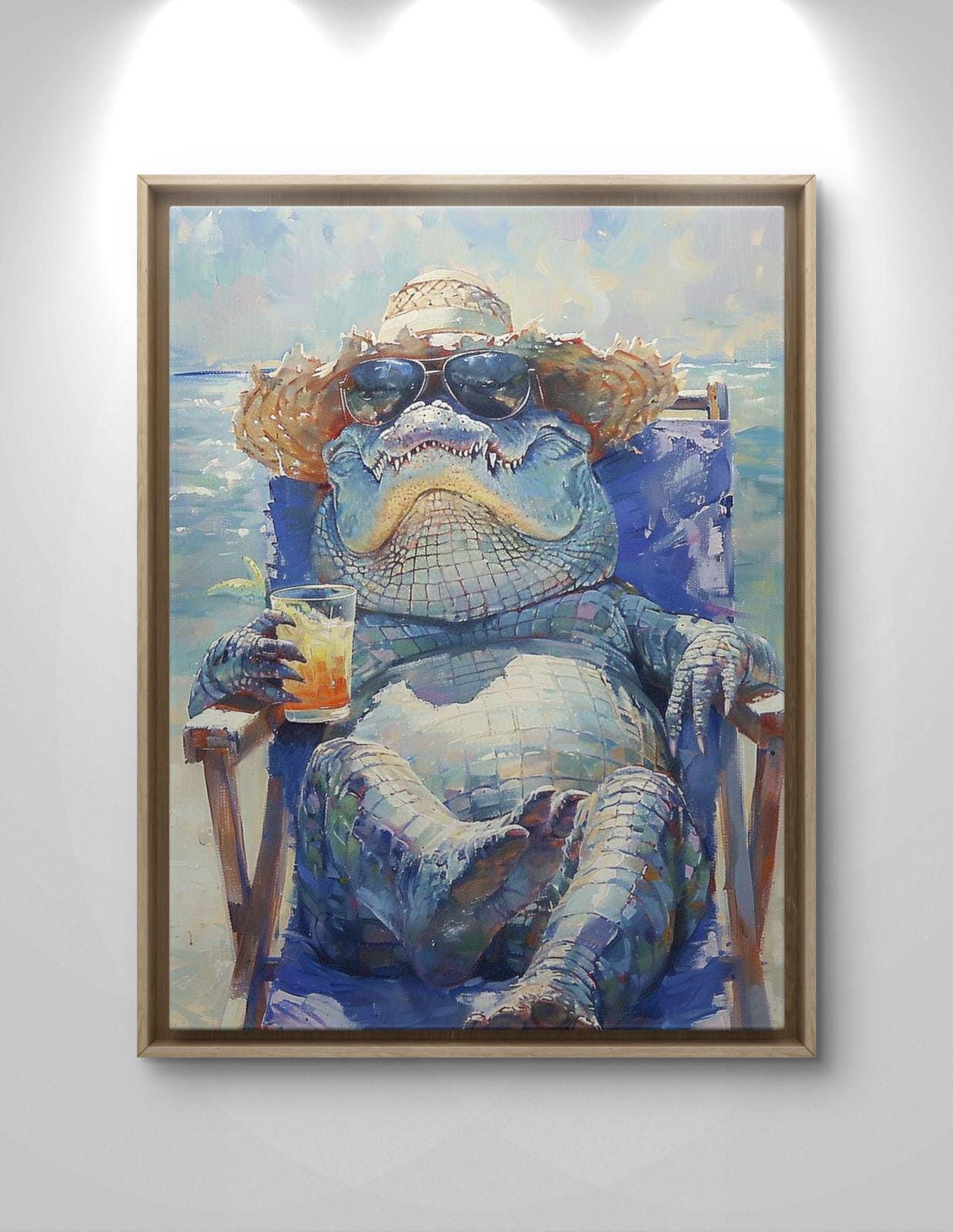 Funny Alligator Beach Canvas Print: Tropical Animal Artwork, Beach Vibe Decor