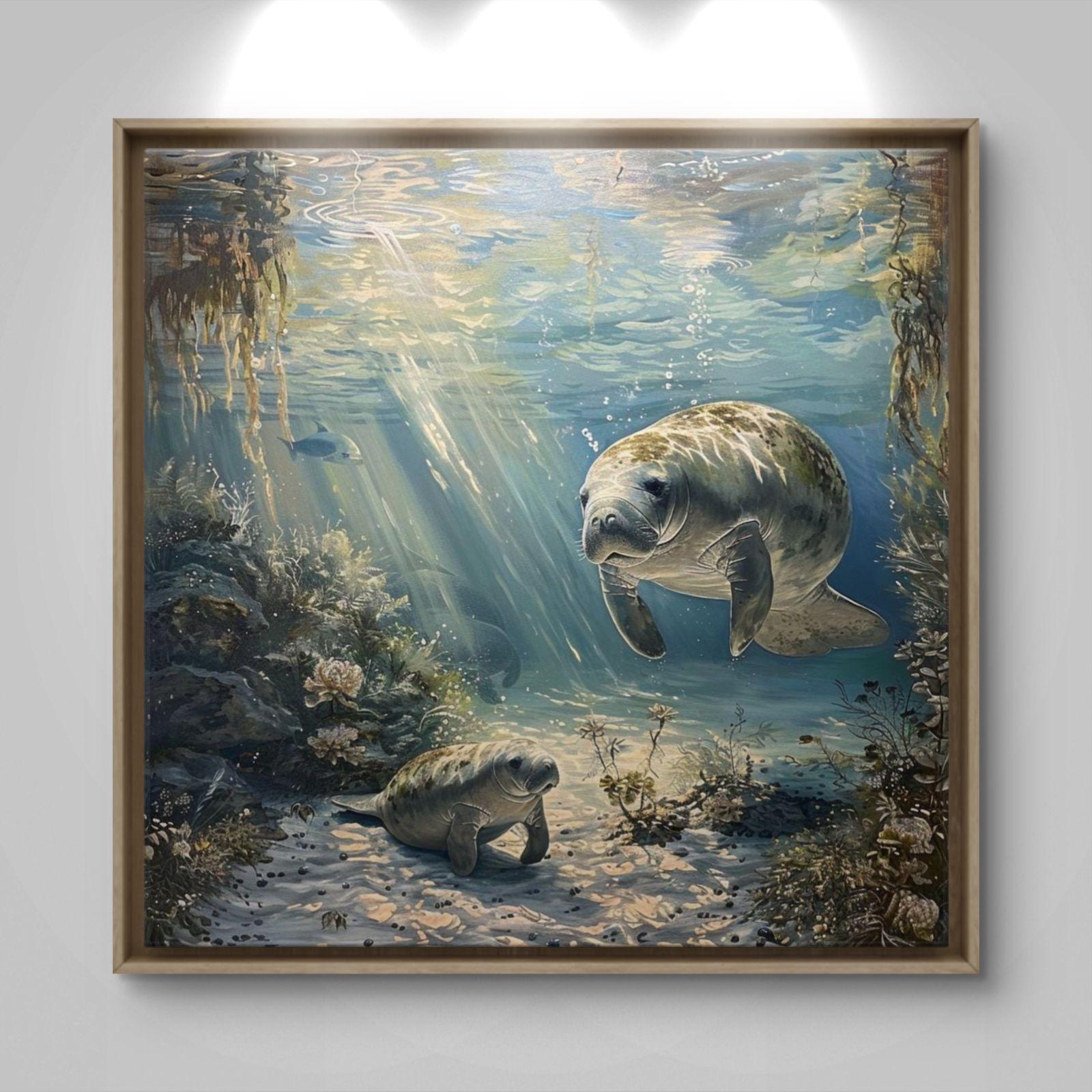Manatee Mother Calf Underwater Canvas Print: Ocean Wildlife Coral Reef Artwork