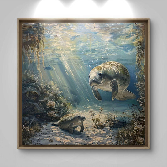 Manatee Mother Calf Underwater Canvas Print: Ocean Wildlife Coral Reef Artwork
