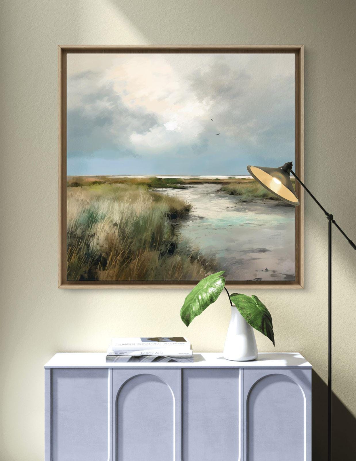 Serene Marsh Landscape Canvas Print: Coastal Nature Artwork, Minimalist Living Room Decor