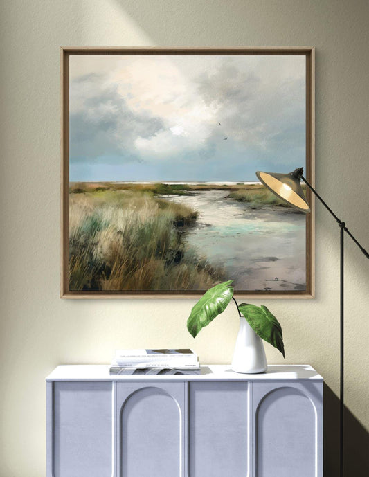 Serene Marsh Landscape Canvas Print: Coastal Nature Artwork, Minimalist Living Room Decor