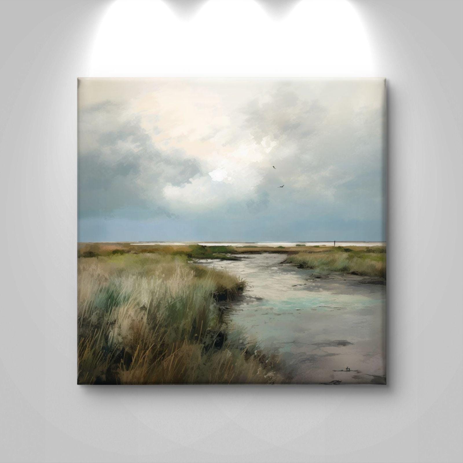 Serene Marsh Landscape Canvas Print: Coastal Nature Artwork, Minimalist Living Room Decor
