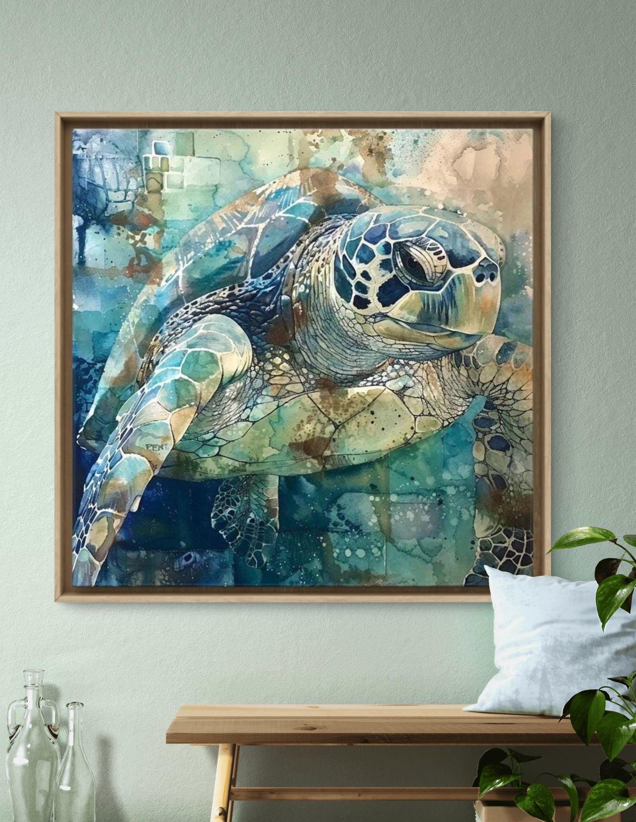 Framed Sea Turtle Canvas Print: Ocean Marine Life Artwork Coastal Decor