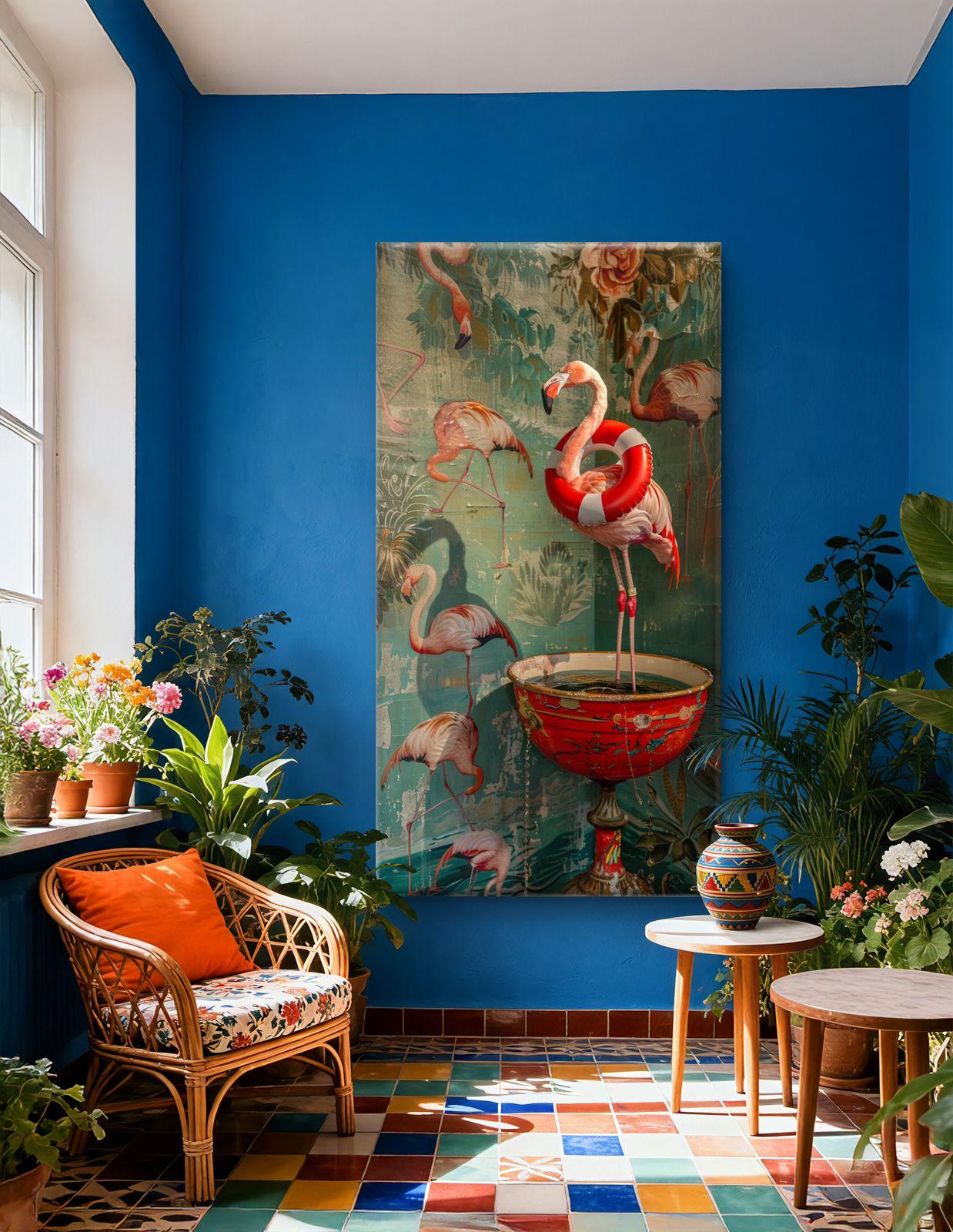 Surreal Flamingo Canvas Print: Whimsical Tropical Bird Wall Art, Maximalist Decor