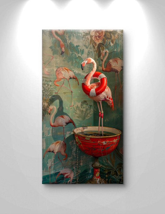 Surreal Flamingo Canvas Print: Whimsical Tropical Bird Wall Art, Maximalist Decor