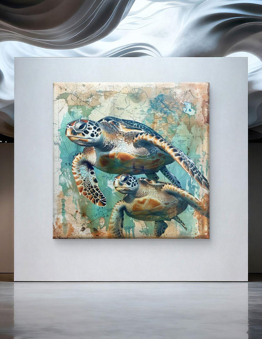 Sea Turtle Canvas Print: Coastal Ocean Wildlife Artwork, Beach House Marine Life Painting