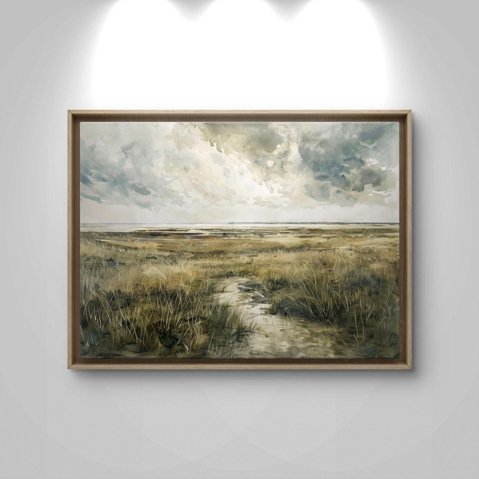 Coastal Marsh Canvas Print: Serene Seascape Landscape Painting for Beach House Decor