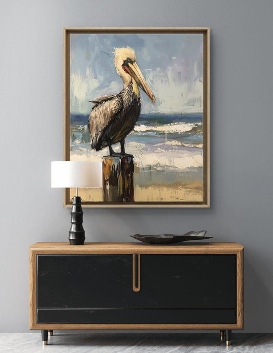 Pelican Coastal Canvas Print: Ocean Bird Artwork, Beach House Decor, Framed Statement Piece