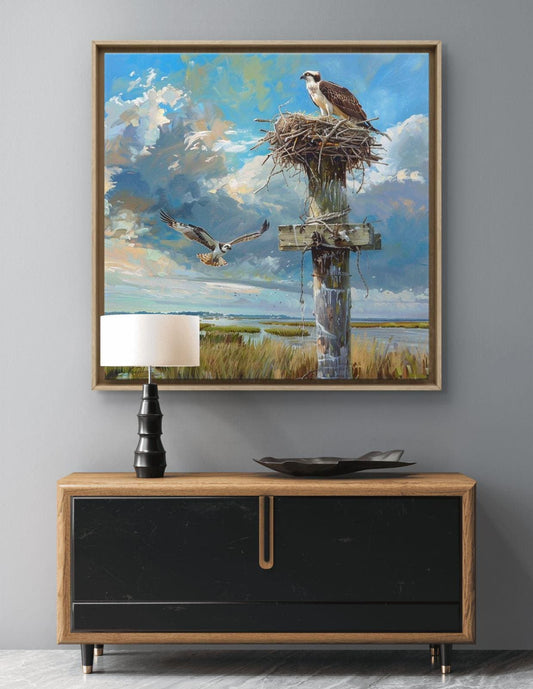 Osprey Nest Canvas Print: Coastal Wetland Wildlife Artwork, Framed Nature Statement Piece
