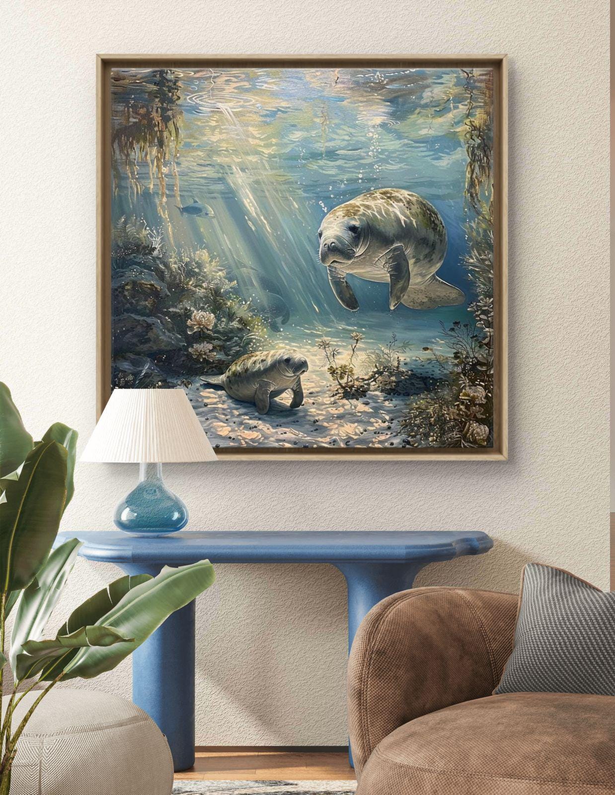 Manatee Mother Calf Underwater Canvas Print: Ocean Wildlife Coral Reef Artwork